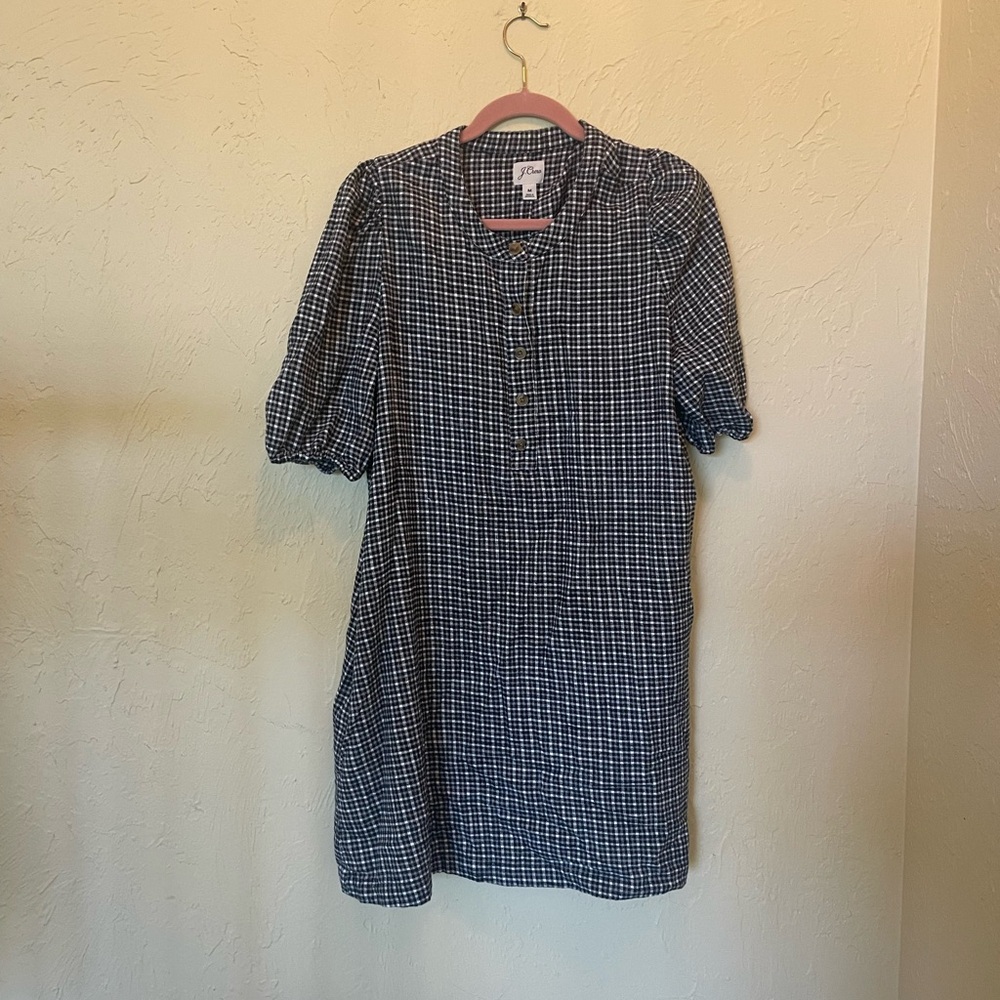 J. Crew Black and White Checked Puff-Sleeve Mini Dress